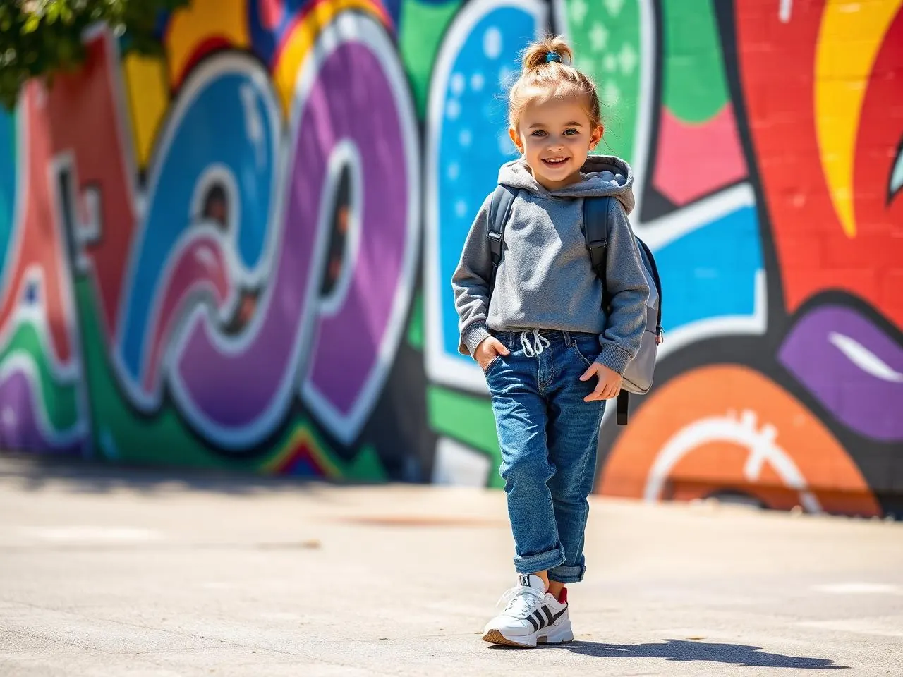 Modern children streetwear fashion: girl in cropped hoodie at graffiti wall