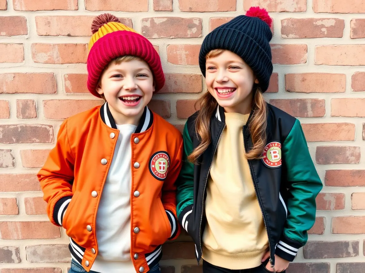 Stylish kids streetwear looks for everyday wear: two kids in varsity jackets