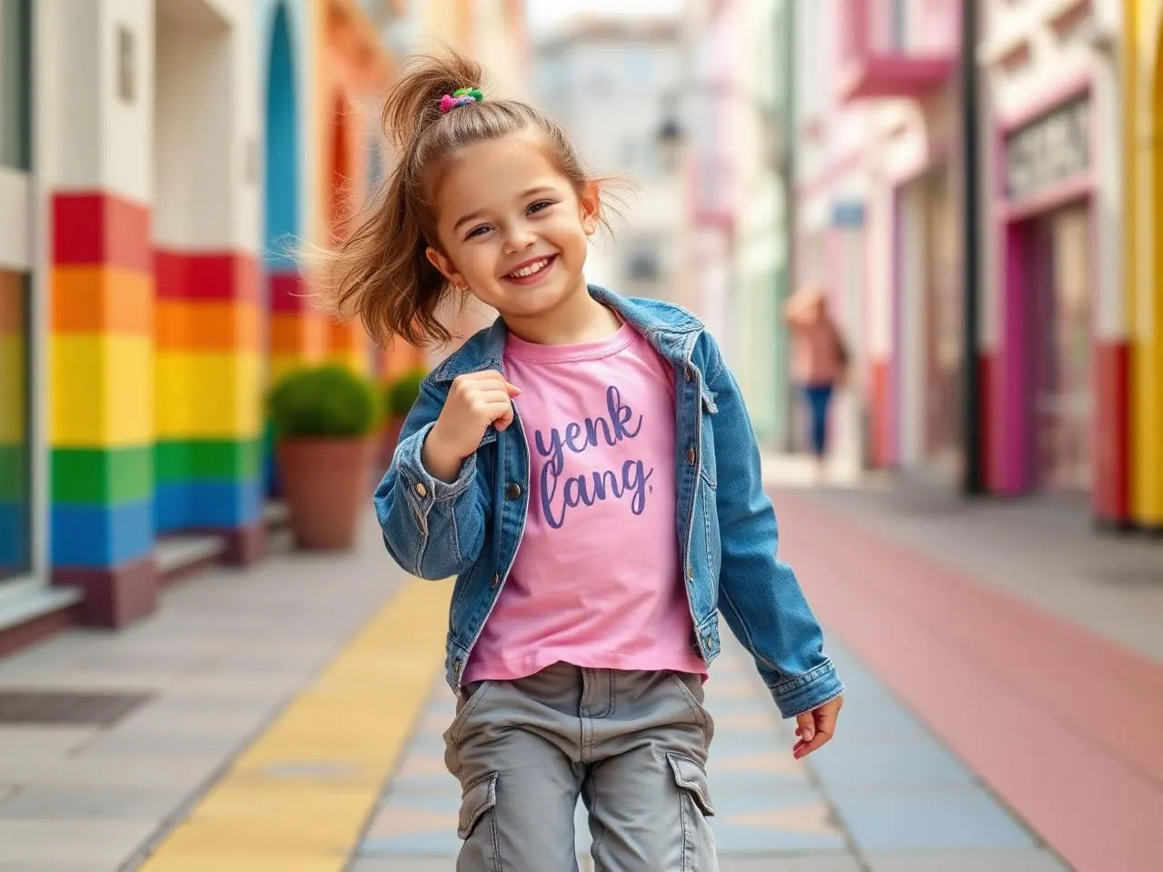 Trendy casual streetwear outfits for kids: girl in denim jacket and cargo pants
